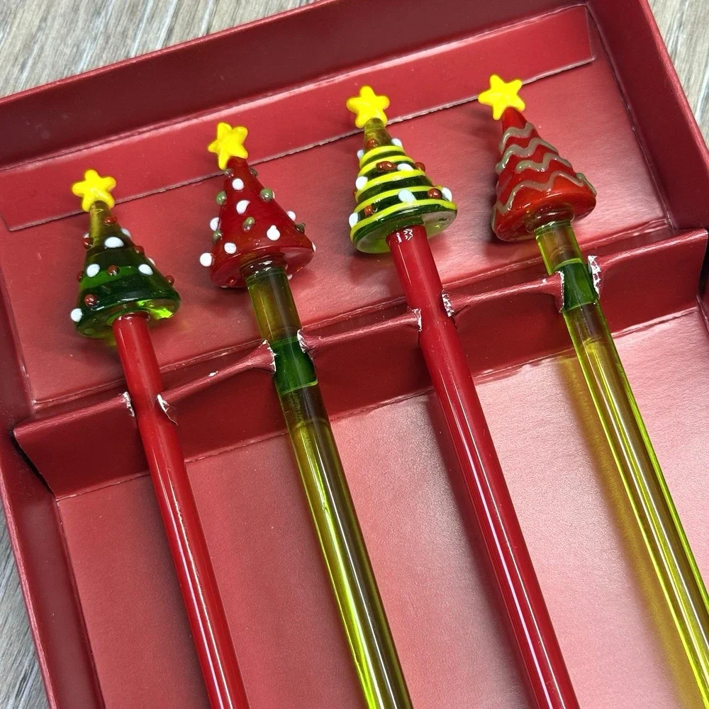 PIER 1 IMPORTS Glass Swizzle Stir Sticks Lot Of Four (4) Christmas Trees Stars